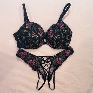 Victoria’s Secret Floral Lace Lingerie Set - Black and Pink